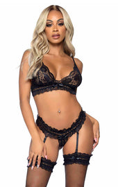 Leg Avenue Ruffle Bra Set Black UK 6 to 12