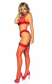 Leg Avenue Bra Panty and Stockings Set Red UK 6 to 12